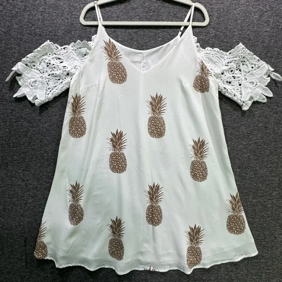 NEW White Pineapple Print Cold Shoulder Lace‎ Sleeve Mini Dress Shein Curve 0XL - Picture 2 of 12